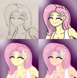 Size: 1280x1285 | Tagged: safe, alternate version, artist:lennondash, fluttershy, human, equestria girls, g4, breasts, bust, butterfly hairpin, cel shading, cleavage, clothes, eyelashes, eyes closed, eyeshadow, female, human coloration, makeup, shading, simple background, sketch, smiling, solo, tank top