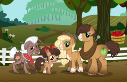 Size: 5308x3450 | Tagged: safe, artist:xkylanie, apple bloom, applejack, big macintosh, granny smith, earth pony, pony, g4, absurd resolution, alternate design, alternate universe, apple, apple family, base used, female, filly, foal, food, male, mare, stallion, sweet apple acres, tree