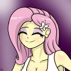 Size: 1280x1285 | Tagged: safe, alternate version, artist:lennondash, fluttershy, human, equestria girls, g4, breasts, bust, butterfly hairpin, cel shading, cleavage, clothes, eyelashes, eyes closed, eyeshadow, female, makeup, shading, simple background, smiling, solo, tank top