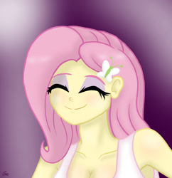 Size: 1280x1321 | Tagged: safe, artist:lennondash, fluttershy, human, equestria girls, g4, breasts, bust, butterfly hairpin, cleavage, clothes, eyelashes, eyes closed, eyeshadow, female, makeup, simple background, smiling, solo, tank top
