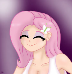 Size: 1280x1321 | Tagged: safe, alternate version, artist:lennondash, fluttershy, human, equestria girls, g4, breasts, bust, butterfly hairpin, cleavage, clothes, eyelashes, eyes closed, eyeshadow, female, human coloration, makeup, simple background, smiling, solo, tank top