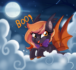 Size: 3057x2811 | Tagged: safe, artist:spookyle, oc, oc:harvest moon, bat pony, pony, cloud, dark purple coat, female, high res, mare, moon, solo