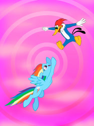 Size: 1024x1366 | Tagged: safe, artist:agneypainter, rainbow dash, bird, pegasus, pony, woodpecker, g4, blushing, cheerful, crossover, crossover shipping, cute, dashabetes, duo, duo male and female, female, flying, male, mare, open mouth, open smile, pink sky, shipping, sky, smiling, straight, the new woody woodpecker show, universal studios, woody woodpecker, woody woodpecker (series), woodydash