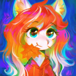Size: 1500x1500 | Tagged: safe, artist:dearmary, oc, oc only, oc:making amends, pony, abstract background, bust, clothes, ear fluff, female, hoodie, leaf, mare, mouth hold, portrait, solo