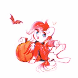 Size: 1500x1500 | Tagged: safe, artist:dearmary, oc, oc:making amends, bat, pony, clothes, female, hoodie, mare, open mouth, open smile, pumpkin, simple background, sitting, smiling, solo, white background