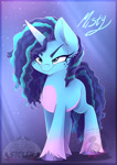 Size: 900x1277 | Tagged: safe, artist:bloody-pink, misty (g5), pony, unicorn, g5, evil grin, female, grin, lidded eyes, mare, smiling, solo, watermark