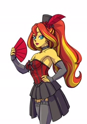 Size: 1448x2048 | Tagged: safe, artist:brother-tico, sunset shimmer, human, equestria girls, g4, bare shoulders, choker, clothes, evening gloves, eyeshadow, fan, female, fingerless elbow gloves, fingerless gloves, garter belt, gloves, hat, lipstick, long gloves, looking at you, makeup, pink eyeshadow, red lipstick, simple background, sleeveless, socks, solo, stockings, strapless, thigh highs, top hat, white background