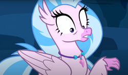 Size: 1327x776 | Tagged: safe, screencap, silverstream, classical hippogriff, hippogriff, g4, uprooted, bags under eyes, cropped, female, jewelry, necklace, reaction image, solo