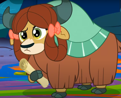 Size: 966x776 | Tagged: safe, screencap, yona, yak, g4, uprooted, bow, cloven hooves, cropped, female, hair bow, hoof hold, monkey swings, raised eyebrow, solo