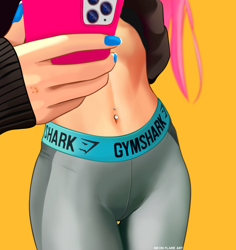 Size: 1435x1518 | Tagged: safe, artist:noah-x3, oc, oc only, oc:neon flare, human, belly button, belly piercing, cellphone, clothes, female, humanized, humanized oc, midriff, nail polish, pants, phone, piercing, selfie, simple background, smartphone, solo, sweater, sweatpants, yellow background, yoga pants