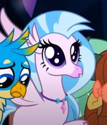 Size: 537x626 | Tagged: safe, screencap, gallus, silverstream, yona, classical hippogriff, griffon, hippogriff, yak, g4, uprooted, cropped, cute, diastreamies, dilated pupils, female, jewelry, necklace, offscreen character, solo focus