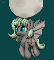 Size: 2566x2876 | Tagged: safe, artist:dumbwoofer, oc, oc:forest air, bat pony, pony, ear fluff, fangs, female, flying, full moon, high res, moon, night, smiling, solo, stars