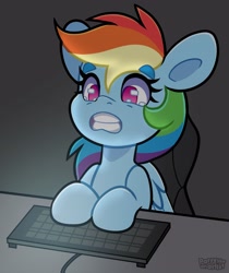 Size: 3201x3811 | Tagged: safe, artist:partypievt, rainbow dash, pegasus, pony, g4, amogus eyes, among us, female, gritted teeth, high res, keyboard, mare, meme, solo, teeth