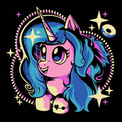 Size: 1512x1512 | Tagged: safe, artist:poxy_boxy, izzy moonbow, pony, unicorn, g5, black background, bust, commission, female, limited palette, looking up, mare, open mouth, open smile, simple background, smiling, solo
