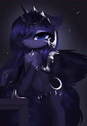 Size: 2840x4096 | Tagged: safe, artist:magnaluna, princess luna, alicorn, armor, clothes, female, hair over one eye, jewelry, looking at you, necklace, regalia, simple background, socks, solo, solo female, stockings, thigh highs, wing armor, wings