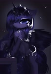 Size: 2840x4096 | Tagged: safe, artist:magnaluna, princess luna, alicorn, pony, armor, bipedal, bipedal leaning, clothes, female, hair over one eye, jewelry, leaning, looking at you, necklace, regalia, simple background, socks, solo, stockings, thigh highs, wing armor, wings