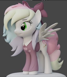 Size: 800x927 | Tagged: safe, artist:sgt.acey, oc, oc only, oc:blazey sketch, pegasus, pony, 3d, bow, clothes, gray coat, green eyes, hair bow, long hair, long tail, model, multicolored hair, small wings, solo, source filmmaker, sweater, tail, wings