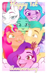 Size: 1315x2048 | Tagged: safe, artist:pearl_ag7777777, hitch trailblazer, izzy moonbow, pipp petals, sparky sparkeroni, sunny starscout, zipp storm, g5, my little pony: a new generation, anniversary, mane five (g5)