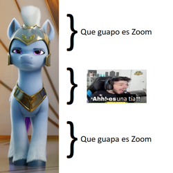 Size: 681x681 | Tagged: safe, edit, edited screencap, screencap, zoom zephyrwing, pegasus, pony, g5, my little pony: a new generation, spoiler:g5, female, guardsmare, mare, meme, pegasus royal guard, royal guard, spanish, willyrex