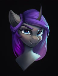 Size: 2480x3224 | Tagged: safe, artist:annna markarova, oc, oc only, oc:viciz, changeling, black background, bust, changeling oc, curved horn, high res, horn, simple background, solo