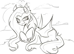 Size: 1062x777 | Tagged: safe, artist:sickbelle, fluttershy, bat pony, pony, g4, bat ponified, black and white, ear piercing, female, flutterbat, grayscale, looking at you, lying down, mare, monochrome, piercing, prone, race swap, sketch, solo