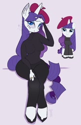 Size: 784x1200 | Tagged: safe, artist:sickbelle, rarity, pony, unicorn, anthro, unguligrade anthro, beatnik rarity, beret, breasts, busty rarity, clothes, female, hat, jewelry, looking at you, mare, purple background, ring, simple background, solo, sweater, thighs, turtleneck, wide hips