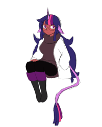 Size: 1080x1350 | Tagged: safe, artist:elementbrigade, twilight sparkle, human, unicorn, fanfic:fate/equestria: fragmented memories, g4, alternate hairstyle, bags under eyes, clothes, colored sketch, dark skin, fanfic art, fate/extra, floppy ears, gijinka, glasses, humanized, simple background, solo, unicorn twilight, white background, wip