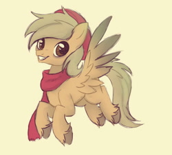 Size: 850x768 | Tagged: safe, artist:wintah33, oc, oc only, oc:coffee coat, pegasus, pony, clothes, scarf, simple background, smiling, solo, unshorn fetlocks, yellow background