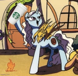 Size: 506x493 | Tagged: safe, idw, official comic, dragon, pony, unicorn, friendship is magic #16, g4, spoiler:comic, daenerys targaryen, female, game of thrones, imgflip, meme, photo, ponified, starbucks