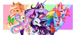 Size: 4827x2267 | Tagged: safe, artist:darkjillmlp123, applejack, fluttershy, pinkie pie, rainbow dash, rarity, twilight sparkle, alicorn, earth pony, pegasus, pony, unicorn, g4, eye clipping through hair, eyebrows, eyebrows visible through hair, eyeshadow, grin, group, high res, looking at you, makeup, mane six, open mouth, open smile, partially open wings, rainbow power, sextet, smiling, smiling at you, twilight sparkle (alicorn), wings