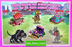 Size: 1964x1305 | Tagged: safe, gameloft, idw, cerberus (g4), rover, vester, cerberus, diamond dog, g4, my little pony: magic princess, advertisement, black fur, bone, brown fur, choker, collar, dog collar, dog treat, english, gem, grey fur, idw showified, limited-time story, luggage, magic wand, male, multiple heads, plushie, shop, spiked collar, text, three heads