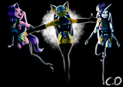 Size: 4092x2893 | Tagged: safe, artist:baliniosnow, pipp petals, rarity, alicorn, bat, pegasus, anthro, g5, alicornified, arms spread out, black background, breasts, clothes, eyes closed, eyeshadow, female, happy, high res, jetpack, leotard, makeup, open mouth, open smile, pippcorn, race swap, raricorn, rouge the bat, simple background, smiling, sonic the hedgehog (series), trio, trio female