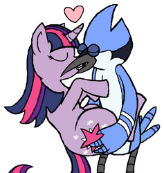Size: 564x594 | Tagged: safe, artist:clawful, artist:undermafic, twilight sparkle, bird, blue jay, pony, unicorn, g4, anatomically incorrect, beak, butt touch, carrying, crossover, crossover shipping, eyes closed, female, hand on butt, kissing, male, mare, mordecai, mordetwi, regular show, shipping, simple background, straight, unicorn twilight, white background