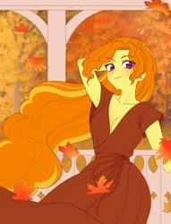 Size: 1300x1700 | Tagged: safe, artist:rileyav, adagio dazzle, human, equestria girls, g4, adoragio, arm behind head, armpits, autumn, blushing, breasts, cleavage, clothes, commission, cute, dress, falling leaves, female, leaves, looking at you, loose hair, smiling, smiling at you, solo, windswept hair