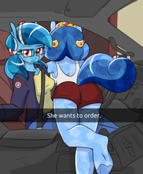 Size: 1171x1422 | Tagged: safe, artist:whatsapokemon, oc, oc only, oc:heart song, oc:historia, crystal pony, anthro, ass, breasts, butt, car, car interior, clothes, duo, female, glasses, he wants to order, meme, selfie, siblings, sisters