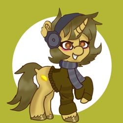 Size: 1000x1000 | Tagged: safe, artist:bounybon, oc, oc only, oc:sagiri himoto, pony, unicorn, blushing, brown coat, brown eyes, brown mane, brown tail, clothes, dock, food, headphones, lemon, messy mane, scarf, solo, striped scarf, sweater, tail