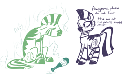 Size: 2031x1225 | Tagged: safe, alternate version, artist:nobody, zecora, oc, oc:anon, zebra, g4, floppy ears, human to zebra, poof, potion, sitting, species swap, transformation, unamused, zebrafied