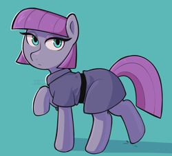 Size: 1398x1272 | Tagged: safe, artist:duckoiii, maud pie, earth pony, pony, g4, 2019, clothes, female, looking at you, mare, old art, raised hoof, simple background, solo, teal background, walking