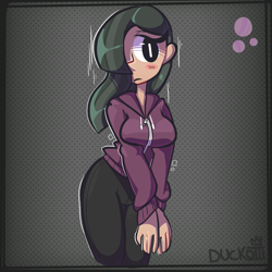 Size: 1059x1059 | Tagged: safe, artist:duckoiii, marble pie, human, g4, 2019, arm boob squeeze, clothes, female, hair over one eye, hoodie, humanized, old art, solo