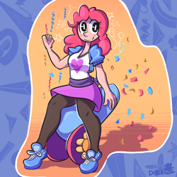 Size: 1542x1542 | Tagged: safe, artist:duckoiii, pinkie pie, human, g4, 2019, abstract background, blouse, clothes, confetti, female, humanized, leggings, old art, party cannon, shoes, skirt, smiling, solo, streamers