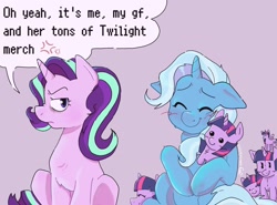 Size: 2048x1515 | Tagged: safe, artist:gay_smilesss, starlight glimmer, trixie, twilight sparkle, alicorn, pony, unicorn, g4, ah yes me my girlfriend and her x, cross-popping veins, emanata, female, lesbian, meme, out of character, plushie, ship:startrix, shipping, text, twilight sparkle (alicorn), twilight sparkle plushie