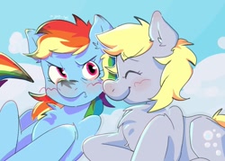 Size: 1087x777 | Tagged: safe, artist:gay_smilesss, derpy hooves, rainbow dash, pegasus, pony, g4, blushing, cloud, eyes closed, female, lesbian, ship:derpydash, shipping