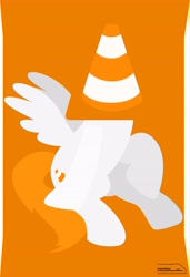 Size: 2801x4096 | Tagged: safe, artist:ponyrailartist, oc, oc only, oc:vlc pone, pegasus, pony, object on head, orange tail, ponified, sitting, solo, spread wings, tail, traffic cone, traffic cone on head, vlc, white coat, wings