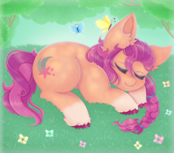 Size: 2500x2200 | Tagged: safe, artist:saltyvity, sunny starscout, butterfly, earth pony, pony, g5, braided ponytail, cute, ear fluff, eyes closed, female, flower, fluffy, forest, forest background, grass, high res, mare, orange body, pink hair, sleeping, sleepy, solo, sparkles, summer, sunnybetes, tree, unshorn fetlocks