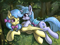 Size: 2048x1536 | Tagged: safe, artist:tinybenz, oc, oc only, oc:dippy sparkle, oc:zoran, oc:左岸, pegasus, pony, unicorn, bow, duo, eye contact, female, folded wings, horn, lesbian, looking at each other, looking at someone, oc x oc, one eye closed, pegasus oc, shipping, tail, tail bow, tree, unicorn oc, wings