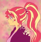 Size: 1300x1340 | Tagged: safe, artist:rileyav, sunset shimmer, human, equestria girls, abstract background, alternate hairstyle, bust, clothes, female, jacket, leather, leather jacket, ponytail, profile, solo, tattoo