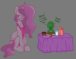 Size: 2812x2199 | Tagged: safe, artist:2hrnap, princess celestia, oc, oc:anon, oc:kid anon, alicorn, human, pony, apron, breakfast, clothes, female, food, male, momlestia, mother and child, mother and son, parent and child, ponybooru import, simple background