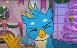 Size: 1236x770 | Tagged: safe, screencap, gallus, griffon, g4, my little pony: friendship is magic, the hearth's warming club, cropped, eyes closed, male, solo