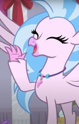 Size: 501x781 | Tagged: safe, screencap, silverstream, classical hippogriff, hippogriff, g4, my little pony: friendship is magic, the hearth's warming club, cropped, cute, diastreamies, eyes closed, female, jewelry, necklace, solo