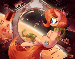 Size: 2820x2206 | Tagged: safe, artist:nevobaster, oc, oc only, oc:rusty gears, earth pony, pony, bandaid, clothes, cracks, cute, duct tape, female, freckles, gear, mare, notes, planet, pliers, plushie, remote, scarf, screw, screwdriver, sock, socks, solo, space, striped scarf, striped socks, tape, teddy bear, toolbox, wrench, zero gravity